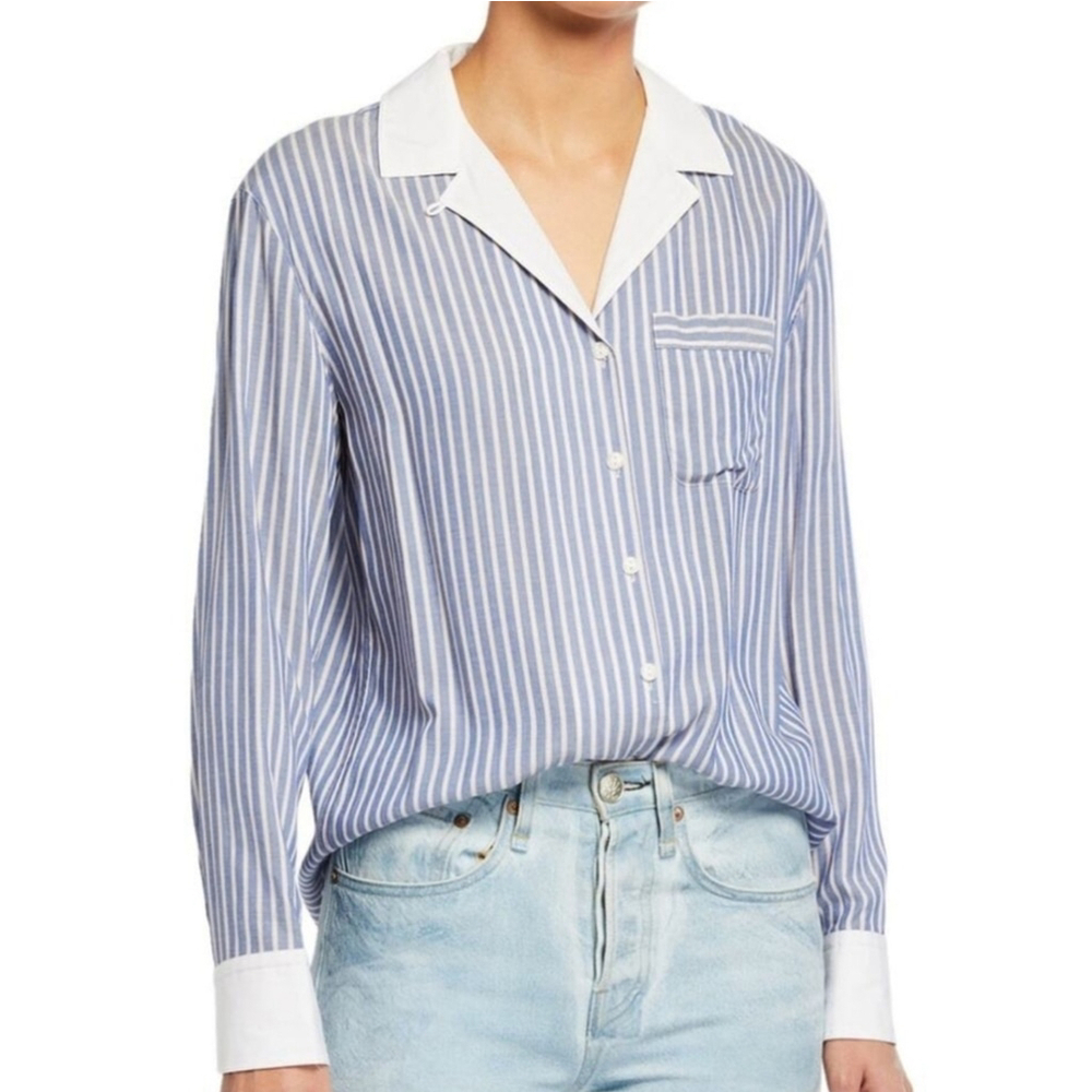 Rag & Bone Amelia Striped Pajama Shirt Blue & White Button-Up Women's Size Small - Picture 2 of 15